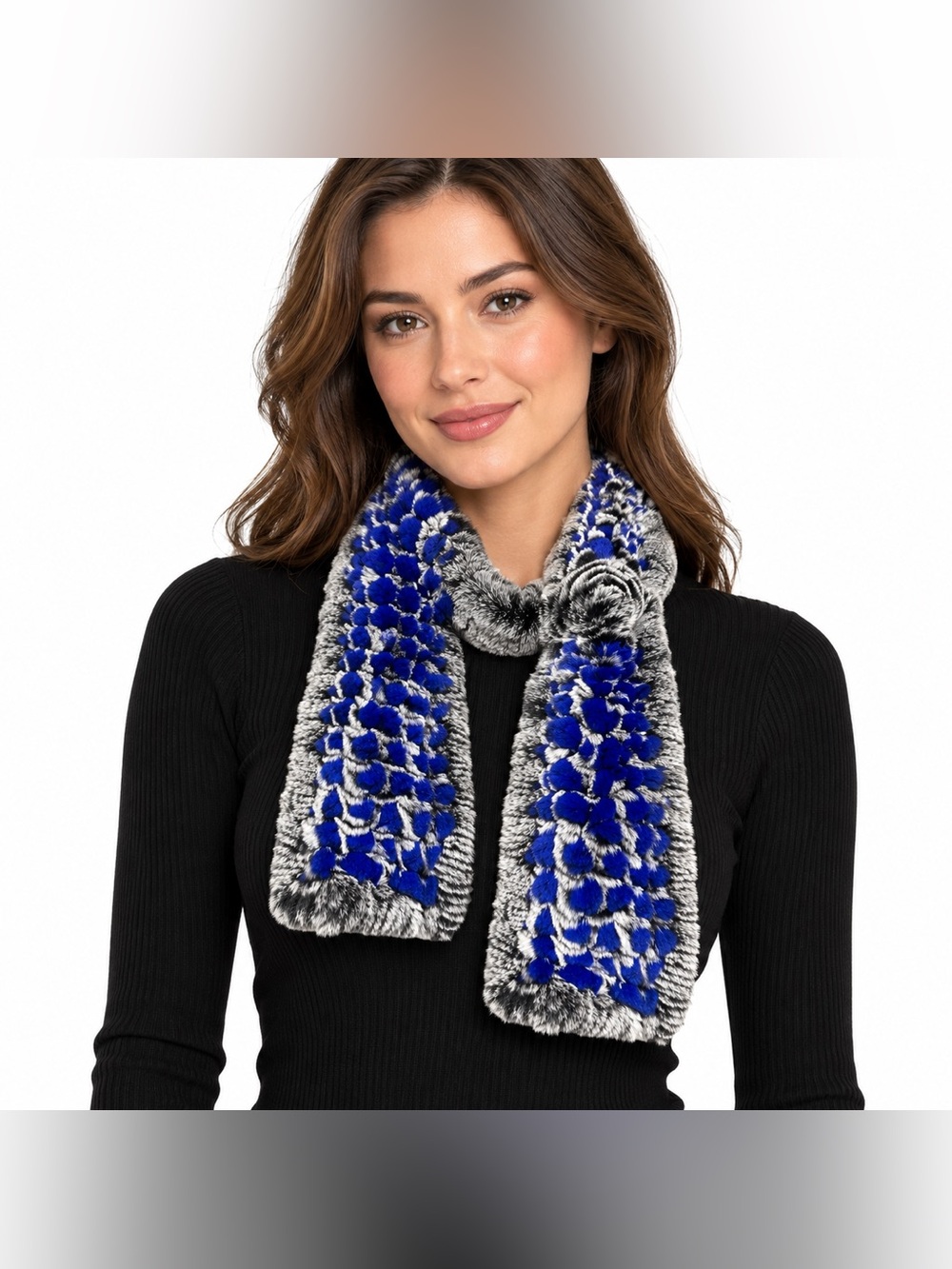 Blue Gray Faux Fur Scarf 34” Plush Floral Rosette Winter Neck Wrap